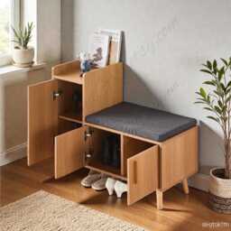 Wooden Shoe Storage Bench With Cushion, Entryway Rack & Rustic Organizer - thumbnail 3