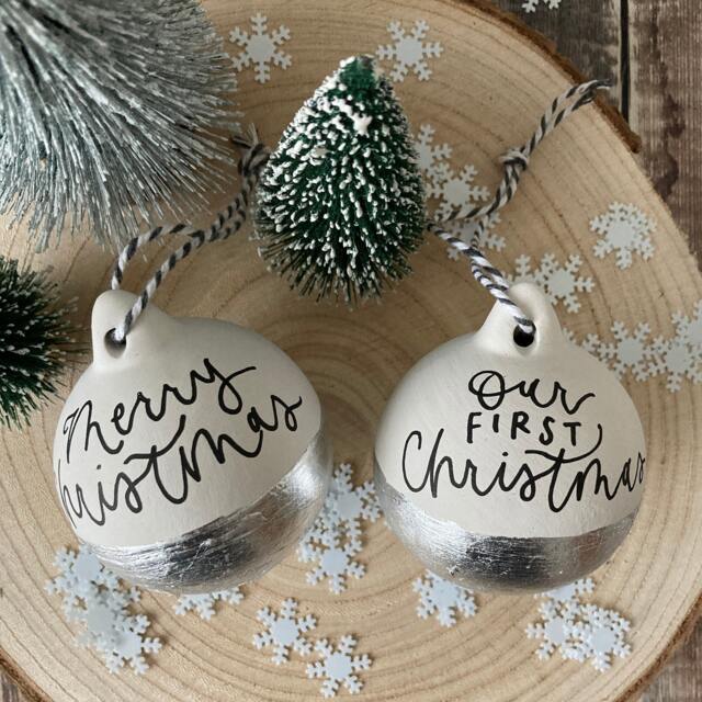 Personalised Christmas Bauble Hand-Lettered Silver Leaf Ceramic Ornament - image 1
