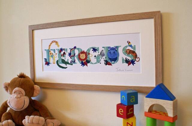 Safari Name Illustration Print Zoo Animal Jungle Childrens Kids New Baby Shower Personalised Wall Art Picture Frame Bedroom Nursery Decor - image 1