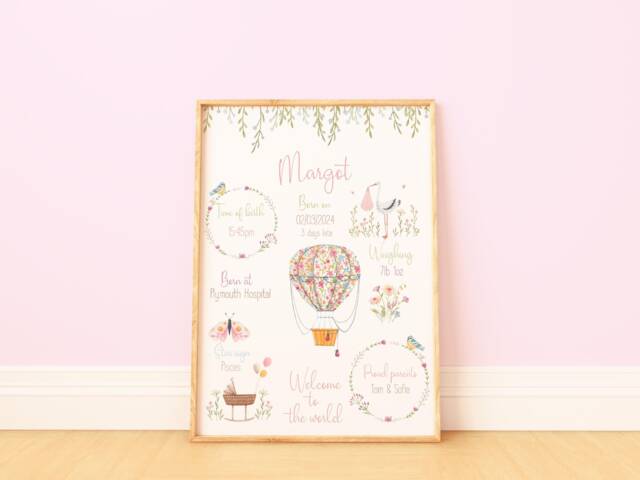 Personalized Floral Birth Print, Baby Girl Gift, Custom Wall Art - image 1