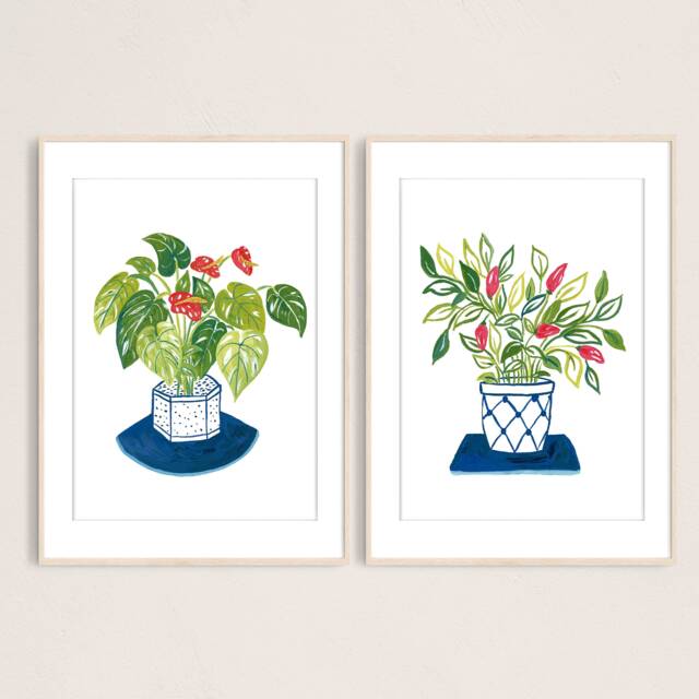 Digital Green Plants Art Print - Set Of 2 Prints, Printable Digital Download Print, Botanical Gouache Illustration, Plants Poster - image 1
