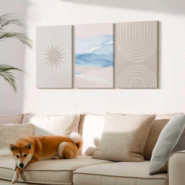 Canvas Set Of 3 Wall Art - Sun, Waves & Lines in Pastel Colors, Beige Art, Abstract Decor - image 1