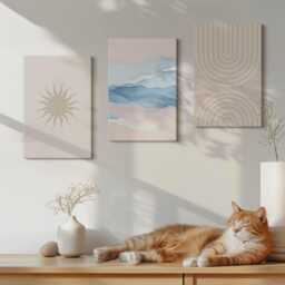 Canvas Set Of 3 Wall Art - Sun, Waves & Lines in Pastel Colors, Beige Art, Abstract Decor - thumbnail 3