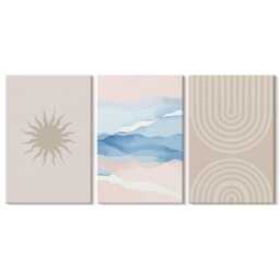 Canvas Set Of 3 Wall Art - Sun, Waves & Lines in Pastel Colors, Beige Art, Abstract Decor - thumbnail 2