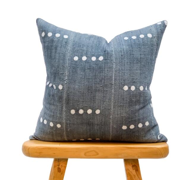 Grey Mudcloth Pillow Cover 20x20, White Abstract On Blue/Grey Cover, Authentic Throw Pillow, Cushion African - image 1