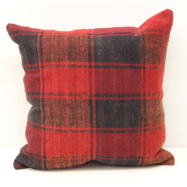 Handmade Turkish Kilim Pillow Cover, Red & Black Plaid - 16x16 - image 1