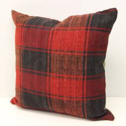 Handmade Turkish Kilim Pillow Cover, Red & Black Plaid - 16x16 - thumbnail 3