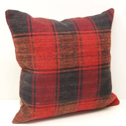 Handmade Turkish Kilim Pillow Cover, Red & Black Plaid - 16x16 - thumbnail 2