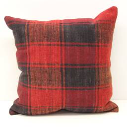 Handmade Turkish Kilim Pillow Cover, Red & Black Plaid - 16x16 - thumbnail 1