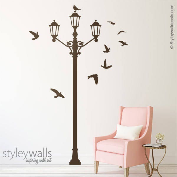 Street Lamp Wall Decal, Birds Decal Sticker, Hallway Entrance Home Office Decor - image 1