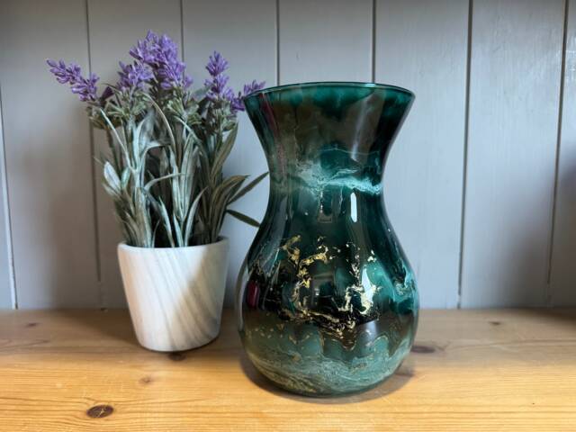 Hand Decorated 18cm Tall Teal Glass Vase Silver Copper Or Gold Finish - image 1