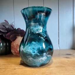 Hand Decorated 18cm Tall Teal Glass Vase Silver Copper Or Gold Finish - thumbnail 3
