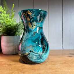 Hand Decorated 18cm Tall Teal Glass Vase Silver Copper Or Gold Finish - thumbnail 2