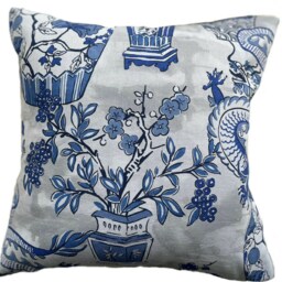 Oriental Vase Cushion Cover Blue Grey Floral Cotton Throw Pillow - thumbnail 2