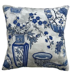 Oriental Vase Cushion Cover Blue Grey Floral Cotton Throw Pillow - thumbnail 1