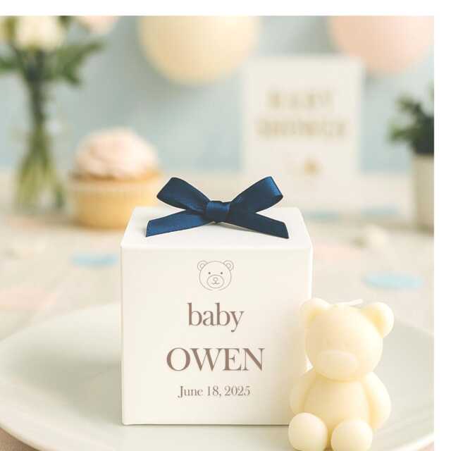 Mini Teddy Bear Candle Favours - Personalised Baby Shower Gifts Custom Engraved Boxes Soy Wax Candles - image 1