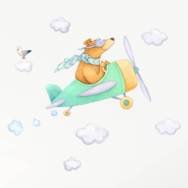 Fabric Wall Decal, Bear Airplane Nursery, Toddler Watercolour Room Decor, Animal Stickers - image 1