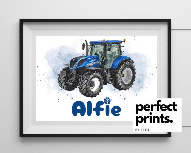 A4 A3 Personalised Blue New Holland Tractor Print Farmer Farm Vehicle Farming Bedroom - image 1