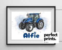 A4 A3 Personalised Blue New Holland Tractor Print Farmer Farm Vehicle Farming Bedroom - thumbnail 1