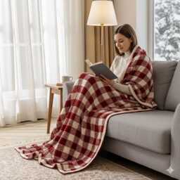 Cozy Red & White Checkered Christmas Throw Blanket, Soft Buffalo Plaid Sofa Blanket Farmhouse Holiday Decor Gift For Home & Family - thumbnail 3