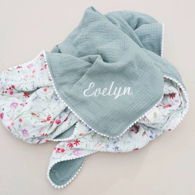 Personalized Organic Muslin Baby Blanket, Wildflower Floral, Custom Name - image 1