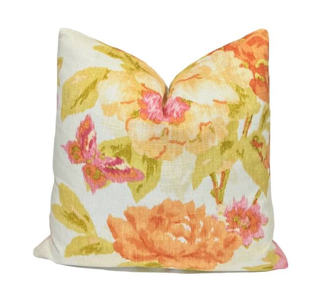 Watercolor Floral Pillow Cover Pink Orange Green Linen Blend - image 1