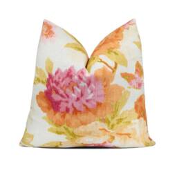 Watercolor Floral Pillow Cover Pink Orange Green Linen Blend - thumbnail 2