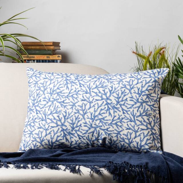 Coral Reef Xl Rectangular Cushion Cover. Botanical & Nautical Inspired Print in Marine Blue & Seafoam White. 23X15 - image 1