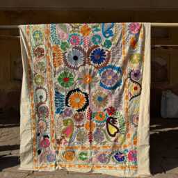 Handmade Cotton Suzani Embroidered Throw Blanket - Traditional Artisan Decorative Textile - thumbnail 4