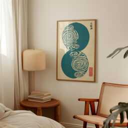 Japanese Abstract Poster - Teal Spiral Circle Print Minimal Woodblock Style Art - thumbnail 2