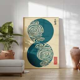 Japanese Abstract Poster - Teal Spiral Circle Print Minimal Woodblock Style Art - thumbnail 3
