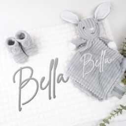 Embroidered Dusty Grey Bunny Comforter Blanket Gift Set - Baby Shower Booties Newborn Girl Boy - thumbnail 2