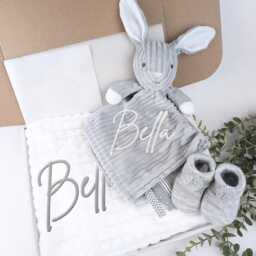 Embroidered Dusty Grey Bunny Comforter Blanket Gift Set - Baby Shower Booties Newborn Girl Boy - thumbnail 1