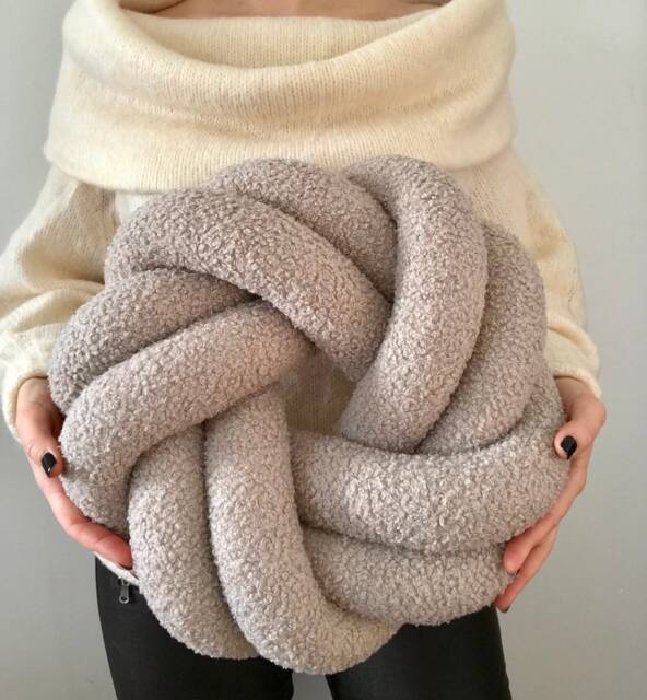 Beige Boucle Knot Pillow - Decorative Textured Throw Pillow, Round Swirl Cushion, Minimalist Scandinavian Nursery Decor, Cute Gift - image 1