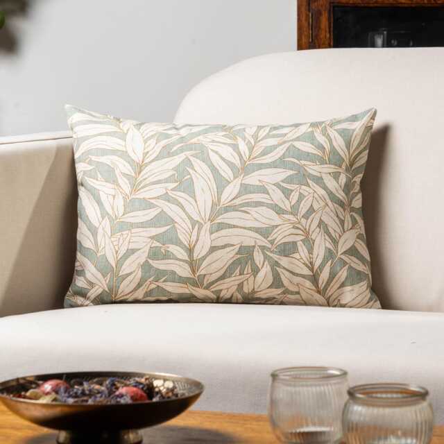 Willow Leaves Boudoir Cushion Cover in Duck Egg Blue. Organic Linen-Blend Fabric. Botanical Nature-Inspired Print. 17x12 - image 1