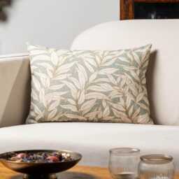 Willow Leaves Boudoir Cushion Cover in Duck Egg Blue. Organic Linen-Blend Fabric. Botanical Nature-Inspired Print. 17x12