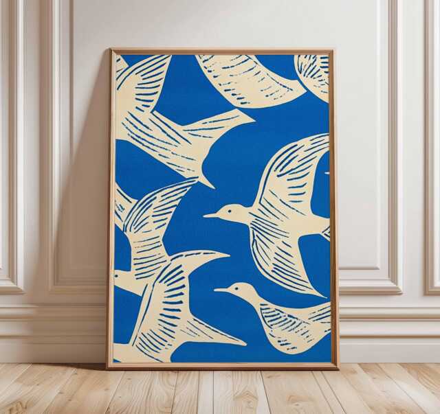 Seagull Wall Art Print, Modern Coastal Poster in Blue & Cream, Minimalist Bird Illustration, Nautical Beach Decor, Artwork - image 1