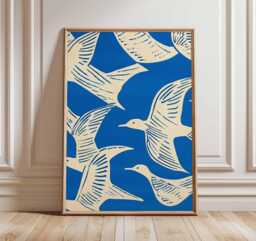 Seagull Wall Art Print, Modern Coastal Poster in Blue & Cream, Minimalist Bird Illustration, Nautical Beach Decor, Artwork - thumbnail 1