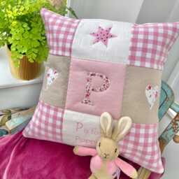 Personalised Pink Alphabet Gingham Cushion Embroidered Nursery Decor - thumbnail 3