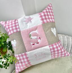 Personalised Pink Alphabet Gingham Cushion Embroidered Nursery Decor - thumbnail 1