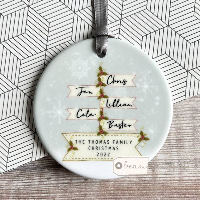 Personalised Christmas Family Names Signpost Design Nordic Style Ceramic Or Acrylic Round Ornament Keepsake - image 1
