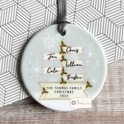 Personalised Christmas Family Names Signpost Design Nordic Style Ceramic Or Acrylic Round Ornament Keepsake