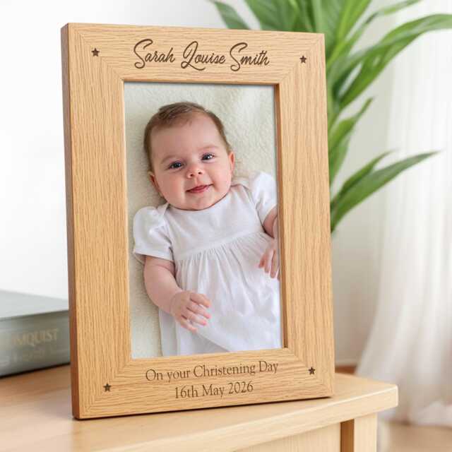Christening Photo Frame Gift, Personalised Engraved Wooden 6x4 7x5 Picture - image 1