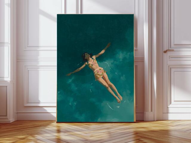 Female Swimming Portrait Oil Painting Style Art Print, Modern Minimalist Wall Decor, Print, Art Sea Ocean Wave Print - image 1
