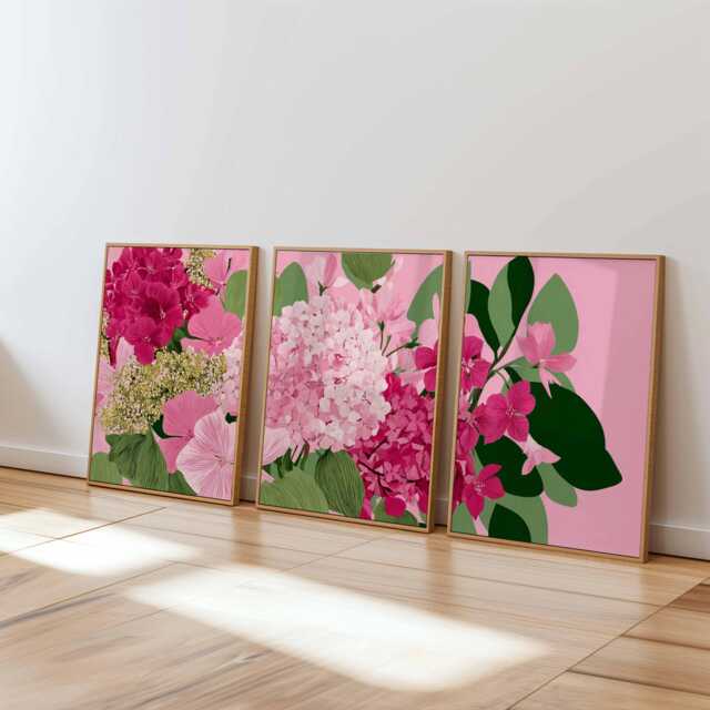 Pink Floral Wall Art Set Of 3, Modern Botanical Prints, Elegant Flower For Bedroom, Living Room Or Office Decor - image 1