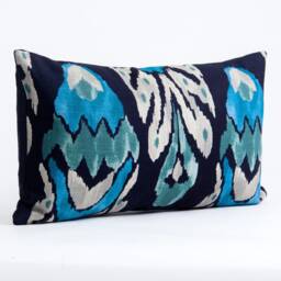 Ethnic Ikat Lumbar Pillow Cover, Vervain Blue Fabric - thumbnail 2