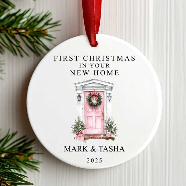First Christmas in Your New Home Decoration - Personalised Tree Ornament Pink Door Ceramic Bauble Housewarming Gift At - image 1