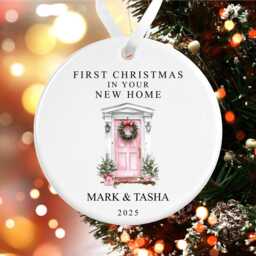 First Christmas in Your New Home Decoration - Personalised Tree Ornament Pink Door Ceramic Bauble Housewarming Gift At - thumbnail 3