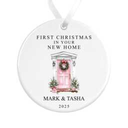 First Christmas in Your New Home Decoration - Personalised Tree Ornament Pink Door Ceramic Bauble Housewarming Gift At - thumbnail 2