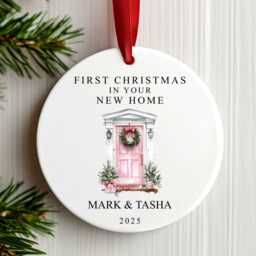First Christmas in Your New Home Decoration - Personalised Tree Ornament Pink Door Ceramic Bauble Housewarming Gift At